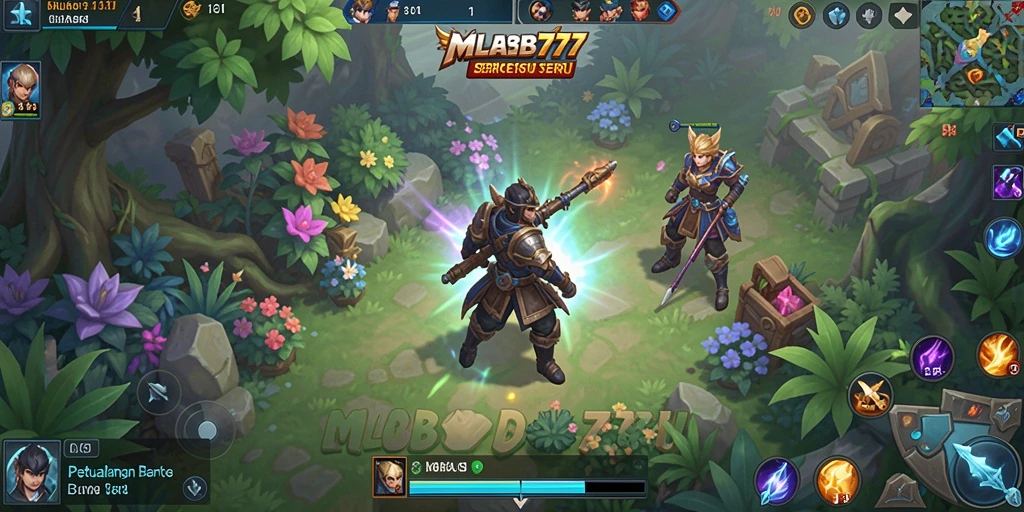 Screenshot gameplay MLBB777 menunjukkan kebun yang subur dan tanaman yang cantik.