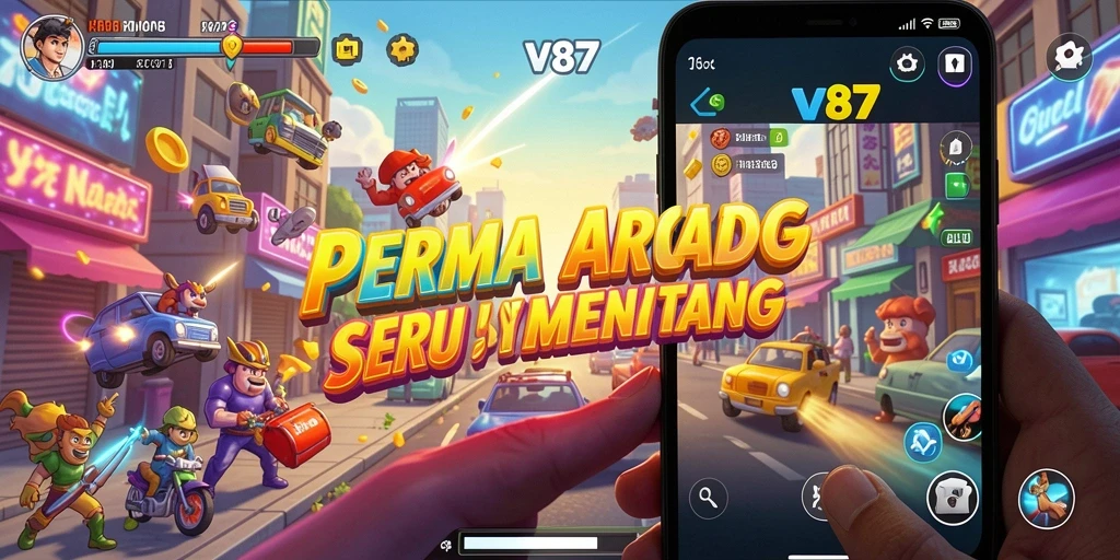 Tampilan permainan V87 dengan gameplay Arcade yang seru dan menantang.